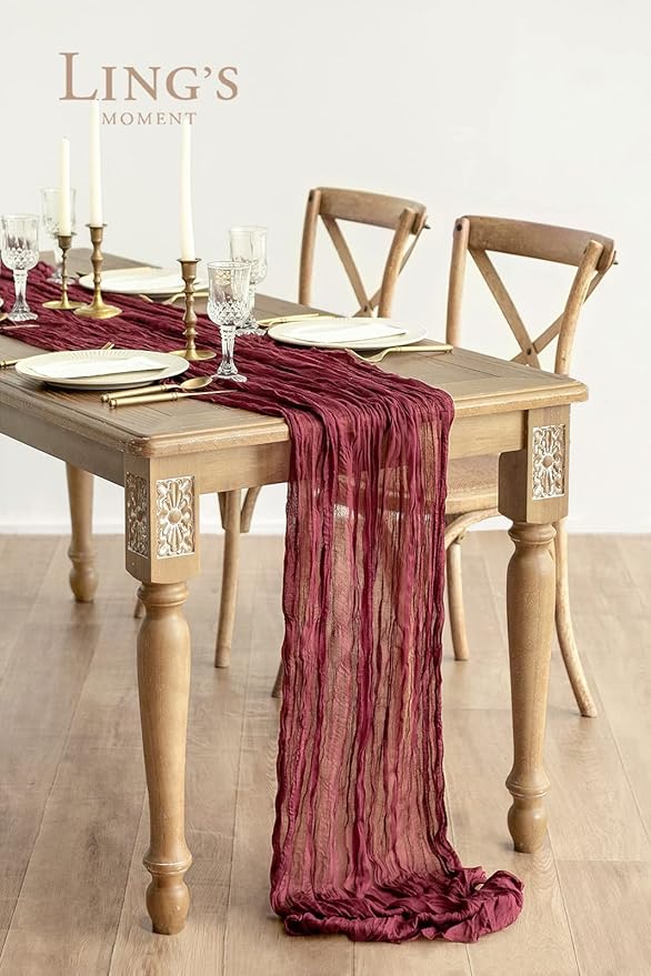 Ling's moment 14Ft Burgundy Cheesecloth Table Runner - Maroon Gauze Semi-Sheer Dark Red Garnet Cranberry Tablecloth for Wedding Party Boho Table Decor