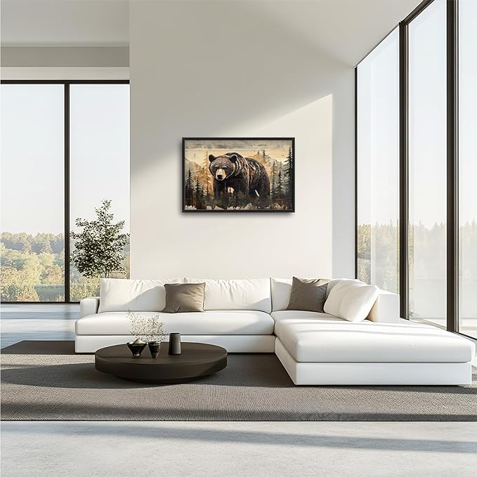 Cabin Wall Art for Living Room, Brown Bear Canvas Wall Decor, Large Wildlife Animal Pictures Framed Painting, Natural Landscape Artwork for Bedroom Office Home Decor 36L'' × 24W''