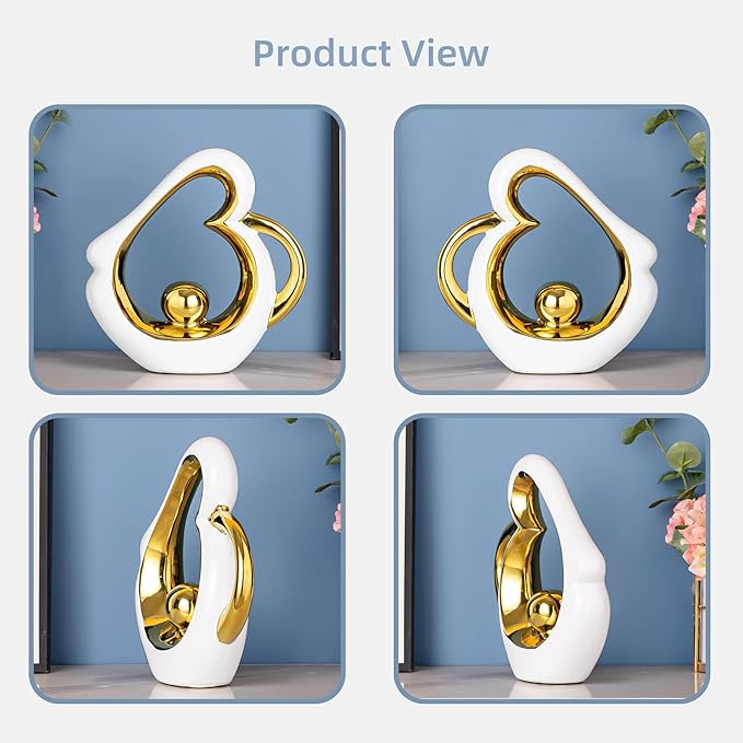 Gold Sculpture Home Decor, Modern Ceramic Statue, White Sculpture Heart Shape, Entry Table Decor, Living Room Table Centerpiece Ornament, Abstract Art Sculptures Home Decor