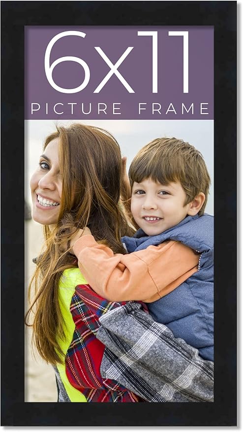 6x11 Frame Black Real Wood Picture Frame Width 0.75 Inches | Interior Frame Depth 0.5 Inches | Noir Classique Mid Century Photo Frame Complete with UV Acrylic, Foam Board Backing & Hanging Hardware