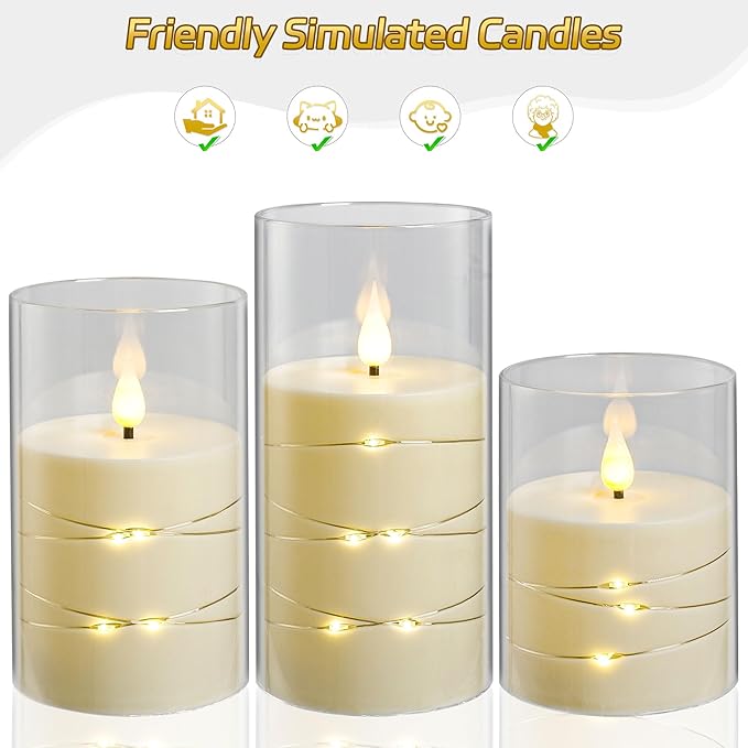 Da by Flickering Flameless Candles with Remote,Acrylic LED Candles with Embedded Star String,Battery Operated Candle, for Home and Holiday Decoration Set of 3（Ivory）