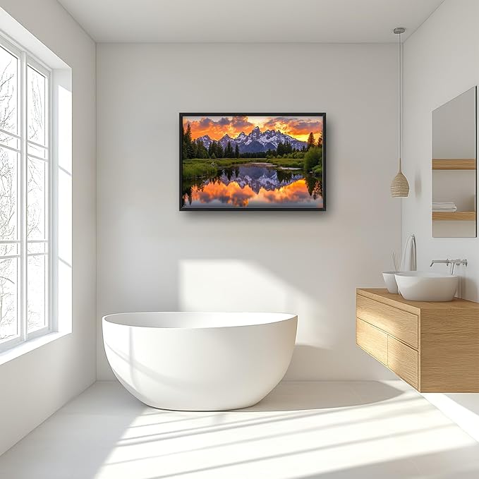 Large Mountain Lake Wall Art for Living Room, Forest Tree Canvas Wall Decor, Sunset Pictures Framed Painting, Natural Landscape Artwork for Bedroom Office 36L'' × 24W''