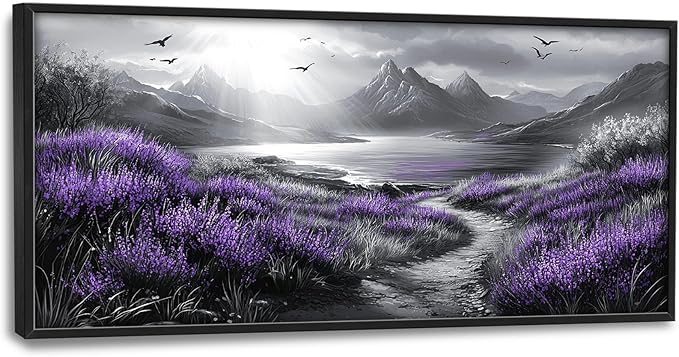 Olivine Large Wall Art, Landscape Pictures Wall Decor, Black And White Mountain Painting, Purple Nature Scenery Canvas Prints, Framed Artwork for Living Room Bedroom Bathroom Office Home 60"x30"