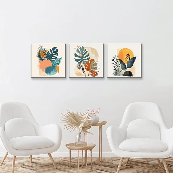 NAN Wind 3 Panels Modern Abstract Tropical Canvas Wall Art Colorful Leaf Prints Contemporary Botanical Art for Living Room Minimalist Plant Decor Geometric Palm & Monstera Leaf Paintings Home Decor