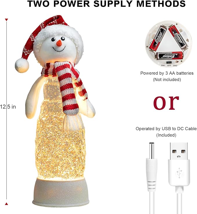Christmas Snowman Decorations, Lighted Snowman Plush Swirling Glitter Musical Christmas Snow Globe Water Lantern for Table Mantel Desk Fireplace Home Holiday Decor