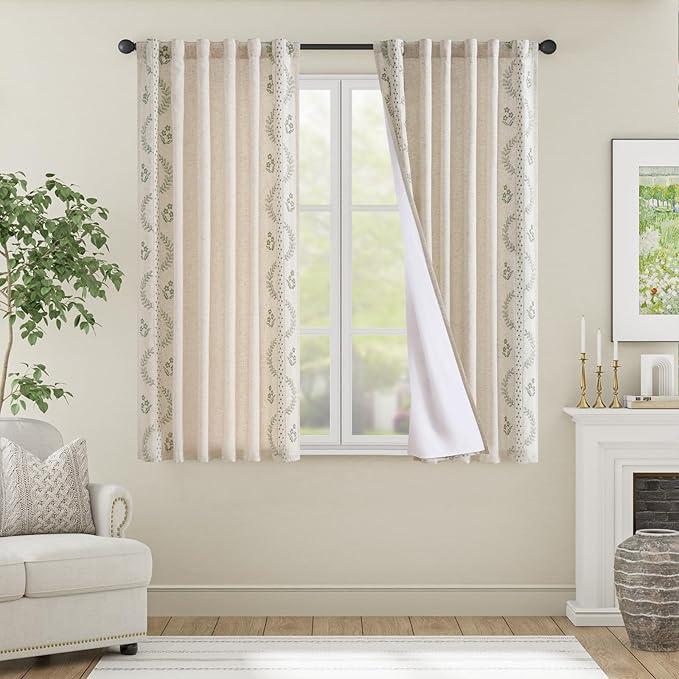 jinchan Belrose Lined Linen Blend Curtains Floral Curtains for Bedroom 63 Inch Length Sage Green Embroidered Drapes Rod Pocket Farmhouse Flower Drapes for Living Room Window Treatments Set 2 Panels
