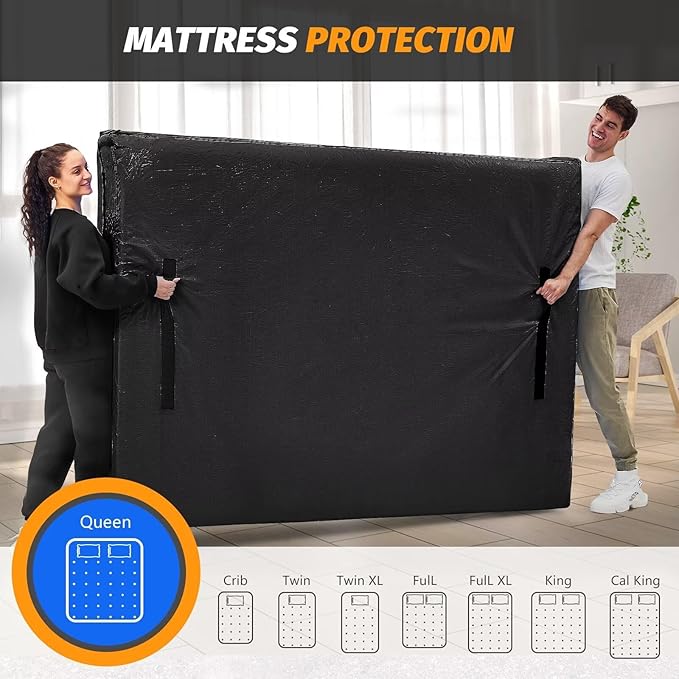 Mattress Bags for Moving, BETU Mattress Protector Waterproof Mattress Cover Full Size Storage Bags with 8 Heavy-Duty Handles and Zipper for Bed Extra Thick Large Reusable (77"x57"x15" Black)