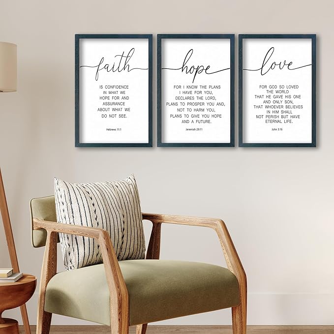 SRSZHIYUE Bible Verse Wall Decor Faith Hope and Love 16''×11'' Set of 3 Catholic Prayer Family Living Room Vintage Sign Farmhouse Scripture Quote Christian Minimalist Art Inspirational Wall Hanging (B