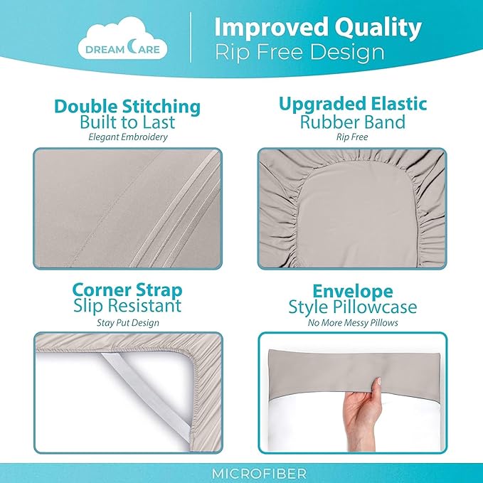 DREAMCARE Full Size Sheets Set - 6 Pcs Deep Pocket Cooling Bed Sheets - Soft, Long Lasting 100% Brushed Microfiber with Side Pocket (Beige, Full)