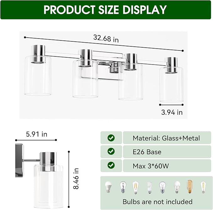 4-Light Modern Vanity Light Fixtures Over Mirror, Chrome Bathroom Light Fixtures, Vanity Lights, Wall Sconce with Clear Glass Shade for Bathroom, E26 Base