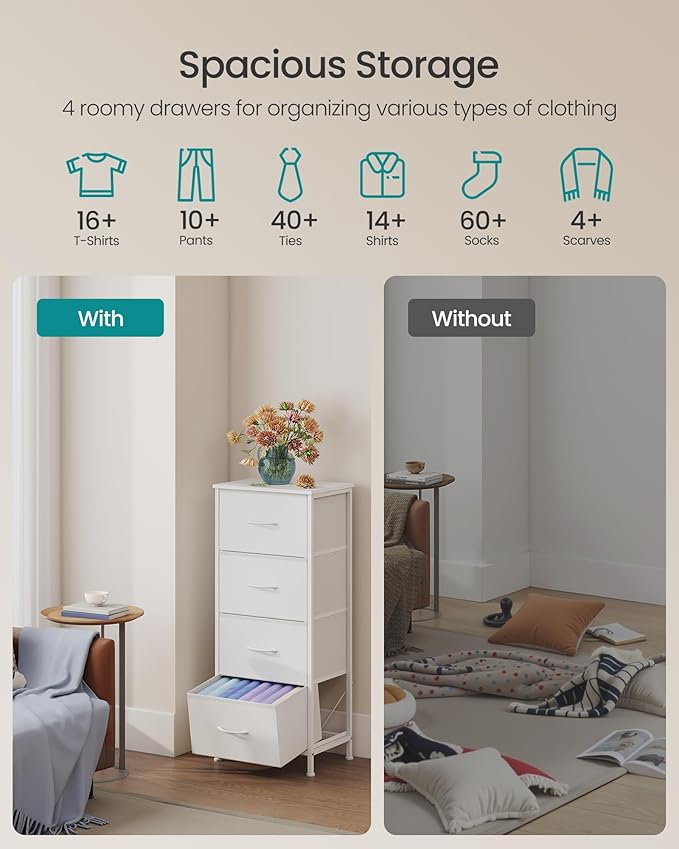 SONGMICS Dresser for Bedroom, Chest of Drawers, Steel, MDF, 4 Non-Woven Fabric Drawers, Storage Organizer Unit, Closet, Entryway, Cloud White and Snow White ULGS314W01S