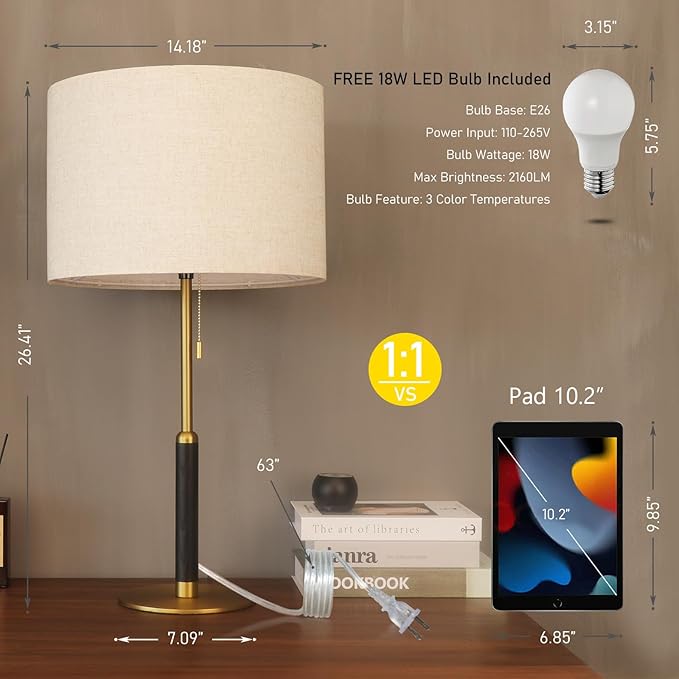26.4" Living Room Modern Table Lamp Bedside Lamps for Bedroom 3-Color Temperatures Pull Chain Switch Nightstand Lamp for End Tables Wood Fabric for Home/Office/Desk Decor (Light Brown+Brass)