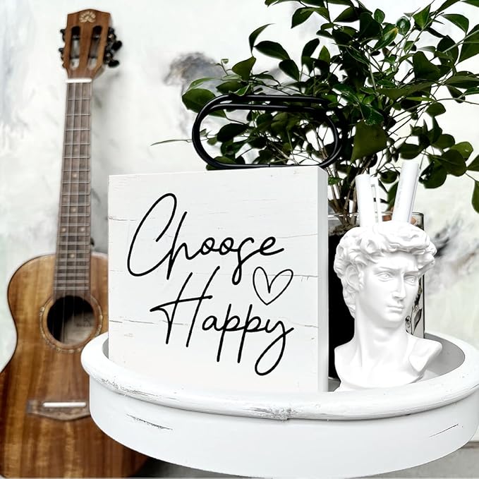 Choose Happy Sign, Inspirational Wood Sign, 5.7x5.7in, White, Rustic, Tabletop Decor, Indoor/Office/Home Gift