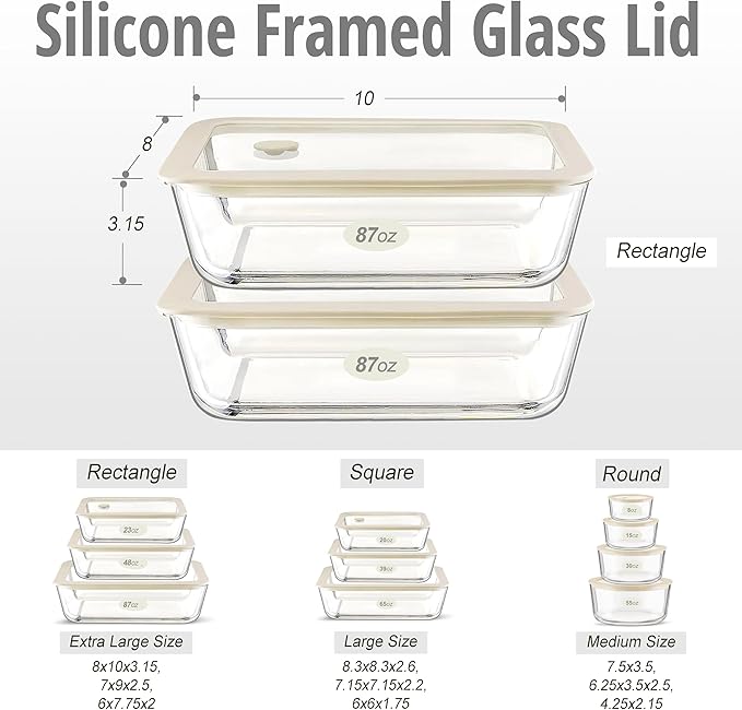 Urban Green Glass Food Container Set with Glass Lid, Large Meal Prep Container Set, Airtight Food Storage Containers with Air Vent Lid, 2 Pack, Large, 87oz, LeakProof, 100% Plastic Free, White color,