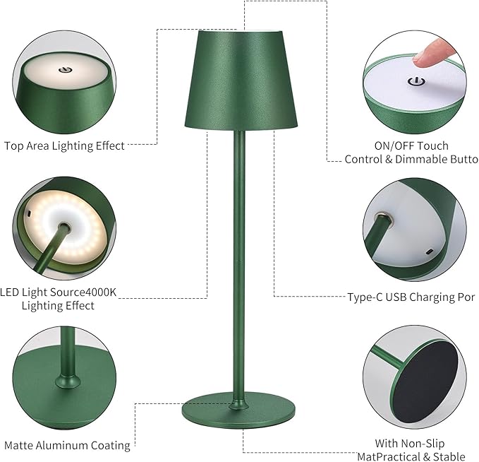 2Pack Cordless Table Lamps USB Rechargeable Simplicity Desk Lamp Built-in 4600 mAh Battery LED Battery Operated lamp with Touch Control Table lamp - Bedroom/Desk/Reading/Patio(Green)
