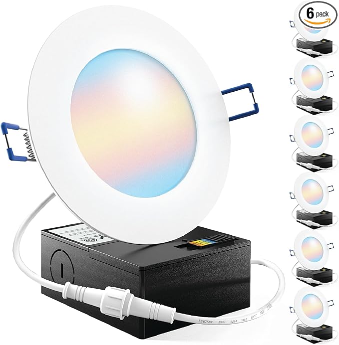 Sunco 6 Pack 4 Inch LED Recessed Lights, Canless Ceiling Light Slim, 650 LM, 10W, Selectable CCT 2700K/3000K/4000K/5000K/6000K, Dimmable, Wafer Thin, with Junction Box ETL