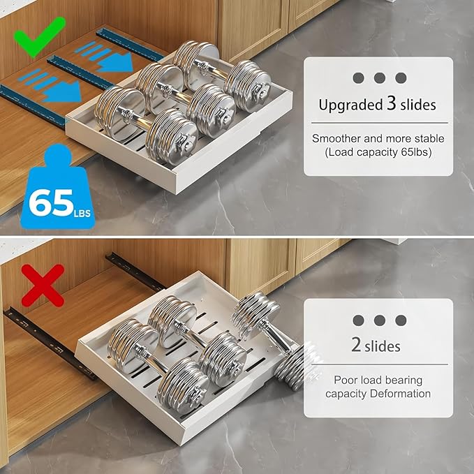 Pull out Cabinet Organizer, Expandable(12.6"-20.5"), 20.5" Deepy Slide out Drawers Fixed with Adhesive Nano Film for Pots, Roll out Shelf Storage for Kitchen (White_20.5''Deep)