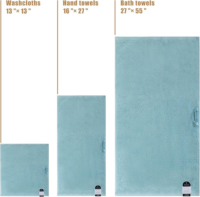 SEMAXE Bath Towel Set, 100% Cotton Bathroom Towels with Hanging Loops and Nano-Bio Lifecycle Labels, 8 Piece Towel Set Include 2 Bath Towels, 2 Hand Towels, 4 Washcloths, Blue