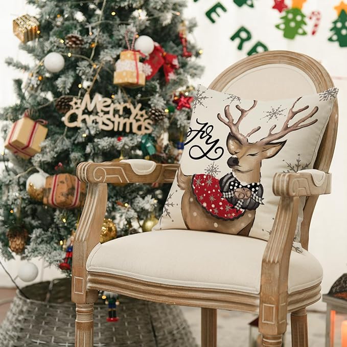 AVOIN colorlife Christmas Snowman Reindeer Gloves Eucalyptus Red Throw Pillow Covers, 16 x 16 Inch Winter Holiday Stripes Cushion Case Decoration for Sofa Couch Set of 4
