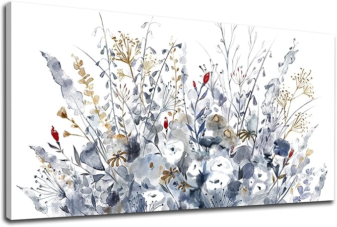 Flowers Canvas Wall Art for Living Room Wall Decor Indigo Floral Canvas Painting Watercolor Plants Pictures Vintage Botanical Flower Canvas Artwork for Bedroom Office Home Wall Decorations 29" x 58"