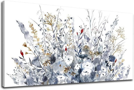 Flowers Canvas Wall Art for Living Room Wall Decor Indigo Floral Canvas Painting Watercolor Plants Pictures Vintage Botanical Flower Canvas Artwork for Bedroom Office Home Wall Decorations 20" X 40"