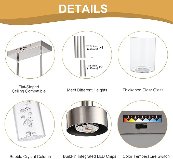 5CCT LED Brushed Nickel Pendant Light Fixtures LED Integrated Bulbs Included, 4-Light Farmhouse Chandedlier for Dining Room, Clear Glass Kitchen Island Light Fixture