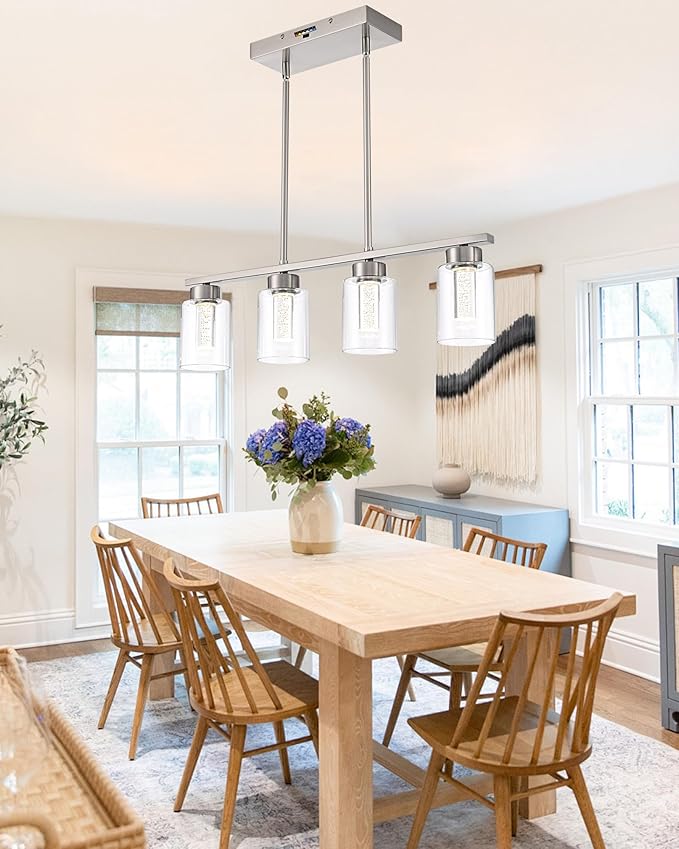 5CCT LED Brushed Nickel Pendant Light Fixtures LED Integrated Bulbs Included, 4-Light Farmhouse Chandedlier for Dining Room, Clear Glass Kitchen Island Light Fixture