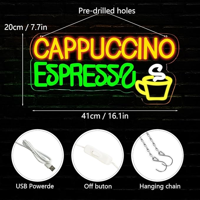 Balanar Cappuccino Espresso Neon Signs Beer Bar Sign Led Lights for Coffee Bar Wall Decor Bistro Cafe Shop Man Cave Party Christmas Gift 16.1 * 7.7inch