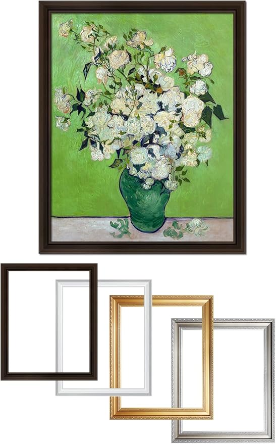 DECORARTS - Pink Roses in a Vase, Vincent Van Gogh Art Reproduction. Acid Free Cotton Canvas Giclee Print w/Bronze Frame&Mat for Wall Decor.