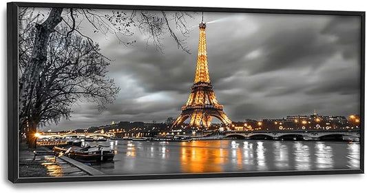 Eiffel Tower Large Framed Wall Art Black and White Pictures Oversized Wall Decor City Landscape Canvas Print Painting Aesthetic Modern Artwork for Living Room Bedroom Office Bathroom Home Decor 60L"x30W"