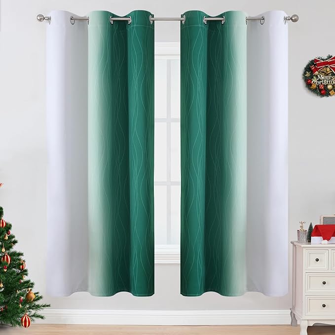 Estelar Textiler Full Room Darkening Blackout Curtains 72 Inch Length 2 Panels Set, Ombre Greyish White and Green Thermal Insulated Full Light Blocking Grommet Blackout Drapes for Bedroom, 42Wx72L