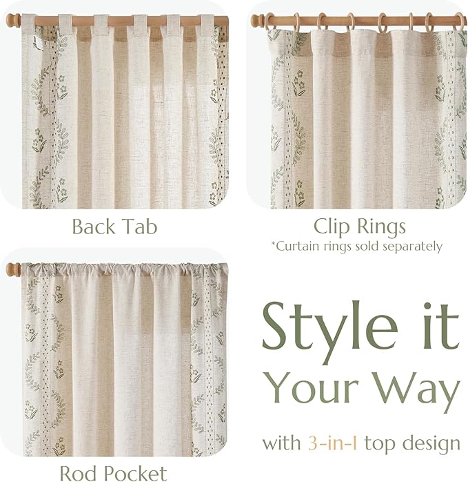 jinchan Belrose Linen Curtains for Bedroom Floral Curtains 90 Inch Length Linen Blend Sage Green Embroidered Drapes Farmhouse Flower Patterned Drapes for Living Room Window Treatments Set 2 Panels