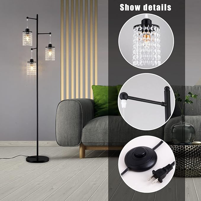 beaysyty Art Decor Crystal Black Floor Lamp 3-Light Contemporary Crystal Lampshade for Living Room,Bedroom,Office