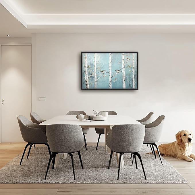 Flintis Large Birch Tree Bird Framed Wall Art Forest Birds Pictures Wall Decor Abstract Natural Landscape Canvas Painting Print Artworks Framed for Living Room Bathroom Master Bedroom 36L X 24W