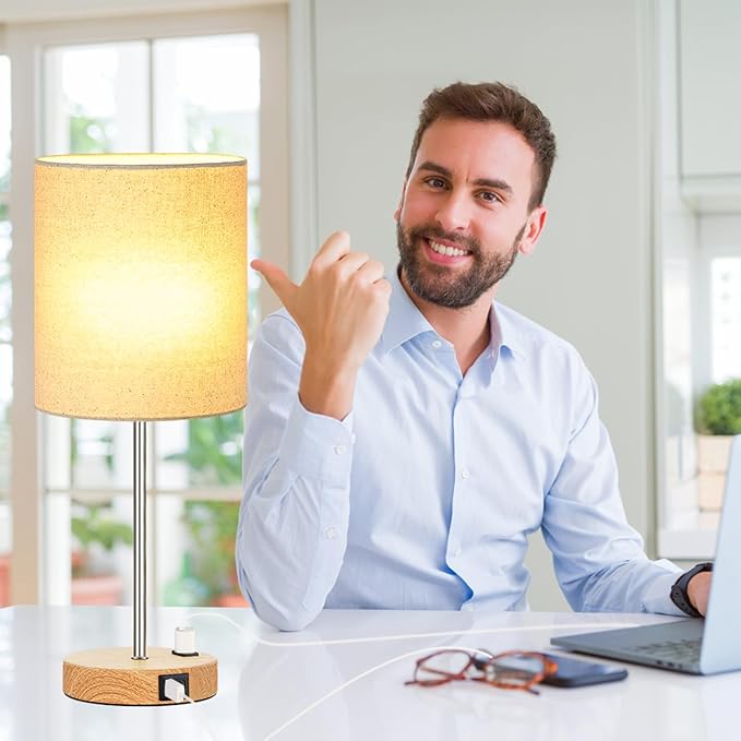 Lynnoland Touch Wood Table Lamps Set of 2, Bedroom Lamps with 2 USB AC Outlet, 3-Way Dimmable Bedside Nightstand Lamps for Bedroom Living Room Nursery, 800 Lumens 2700K Bulbs Included