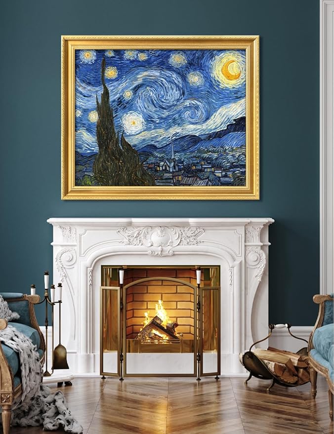 DECORARTS - Vincent van Gogh's Starry Night. Museum-Quality Giclee Print on Cotton Canvas, Ornate Gold Wood Frame with Classic Detailing, Picture Size: 30x24, Framed Size: 34.75x28.75, Made in USA