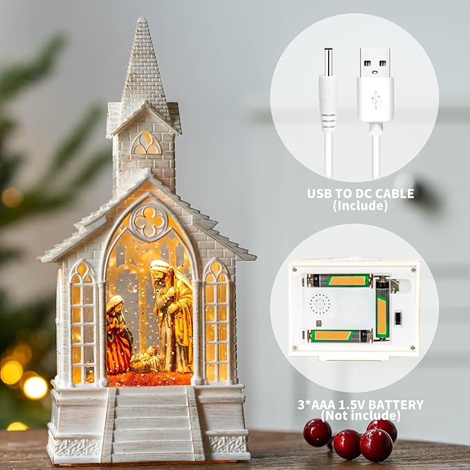 Christmas Snow Globes Church Nativity Water Lantern,Silent Night Music, Holiday Decorations Gifts for Family Children or Friends