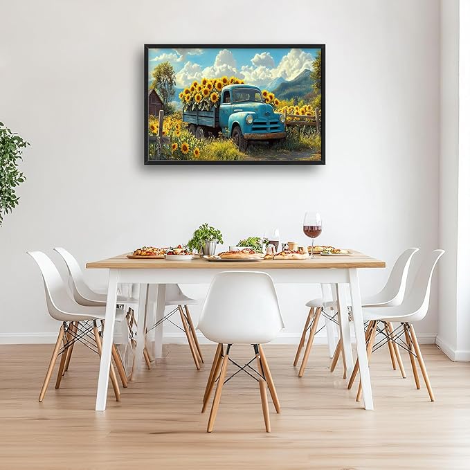 Olivine Large Wall Art, Sunflower Pictures Wall Decor, Farmhouse Sunflower Painting, Sunflowers Truck Canvas Prints, Framed Artwork for Living Room Bedroom Bathroom Office Home Decoration 36"x24"