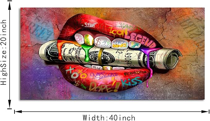 Artwork for Home Walls Abstract Colorful Graffiti Sexy Mouth Biting A Dollar Creative Wall Art Graffiti Letters Wall Pictures for Living Room Bar gym Game Room Wall Hanging Up Easy to Put-40"Wx20"H