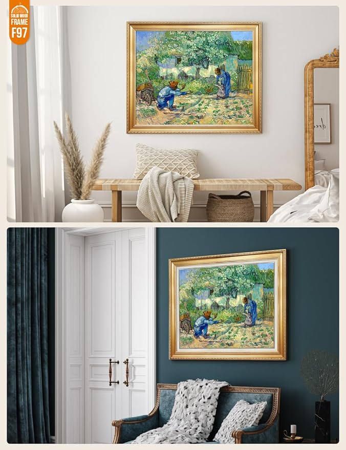 DECORARTS - First Steps, after Millet, Vincent Van Gogh Art Reproduction. Acid Free Cotton Canvas Giclee Print w/Bronze Frame&Mat for Wall Decor.