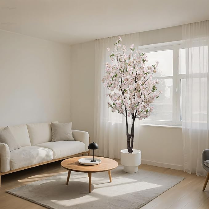 Artificial White Cherry Blossom Tree 5.7ft(68in) Faux Lifelike Plant for Indoor Decor Natural Potted Tree Realistic Pink Cherry Flowers Wood Trunk for Home Living Room,Office Perfect Weeding Gift