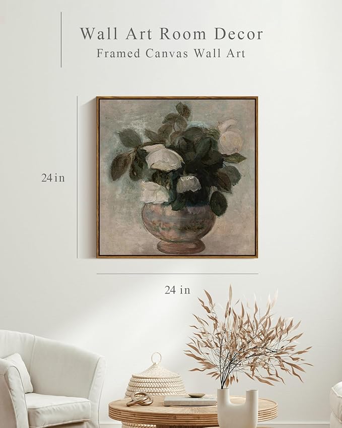 InSimSea Square Framed Canvas Wall Art, Flowers Decor Flowers in Vase Paintings Wall Art, Floral Pictures Wall Decor for Bedroom Bathroom, Kitchen Office Living Room Wall Decoration 24"x24"