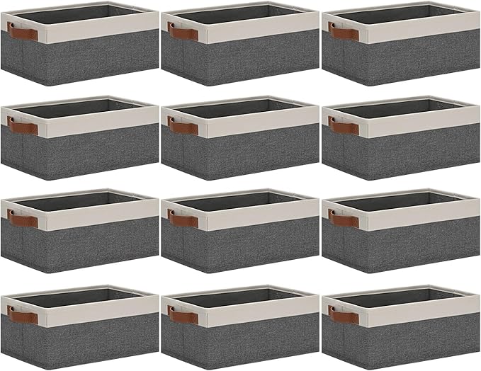GhvyenntteS Small Fabric Storage Bins 12 Pack, Storage Basket with Leather Handles, Closet Storage Bins for Shelves, Storage Baskets for Shelves, Home, Office (Grey/White, 11.8" x 7.87" x 5.11")