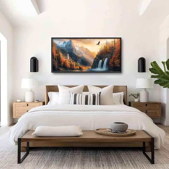 Large Mountain Waterfall Wall Art for Living Room, Forest Tree Canvas Wall Decor, Sunset Eagle Pictures Framed Painting, Natural Landscape Artwork for Bedroom Office 60L'' × 30W''