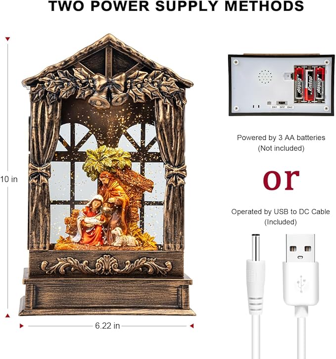 Christmas Snow Globe Lighted Manger Nativity Scene, Musical Water Lantern Play Silent Night Music in Swirling Glitter, Holiday Decorations Gifts for Family, Children or Friends