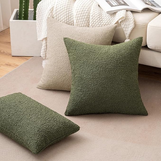 MIULEE 18x18 Inch Decorative Pillow Covers for Couch Bed Set of 2 Textured Boucle Neutral Throw Pillows Olive Green Accent Solid Cushion Pillowcase Cozy Soft Sofa Livingroom Home Decor
