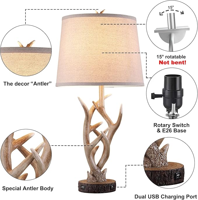 Dungoo Rustic Western Lamp Set of 2 - 26" Farmhouse Table Lamp with 2 USB Ports, Natural Antler Design for Bedroom, Living Room, Office (Rustic Brown)