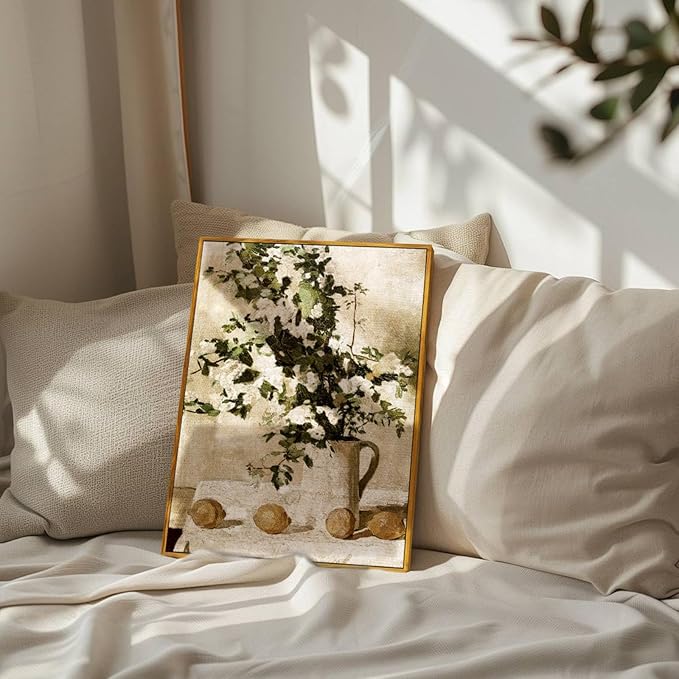 crmotu Vintage Framed Wall Art, Still Life Floral Kitchen Decorations Painting, Lemons and Flowers Canvas Botanical Prints, Retro Wall Pictures for Bedroom Bathroom Farmhouse Office Desktop 8x10in