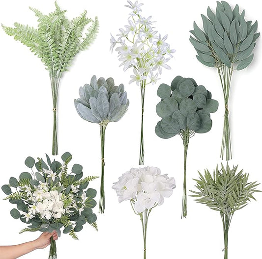 FOTEEWL 70 Pcs Artificial Greenery Stems Box Set,with 7 Kinds of Faux Plants and Fake Flowers for DIY Bridal Bouquets Wedding Floral Arrangement Table Centerpieces Decoration (Sage Green & Beige)