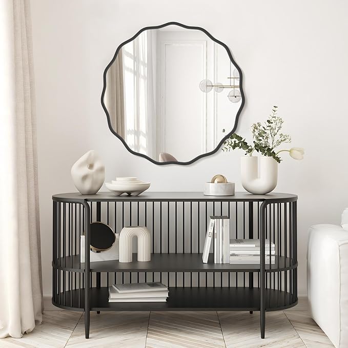 WallBeyond Round Wavy Mirror for Wall Decorative 28 inch, Modern Round Mirror Aluminum Frame for Bathroom Bedroom Living Room Home House Office Entryway, Black